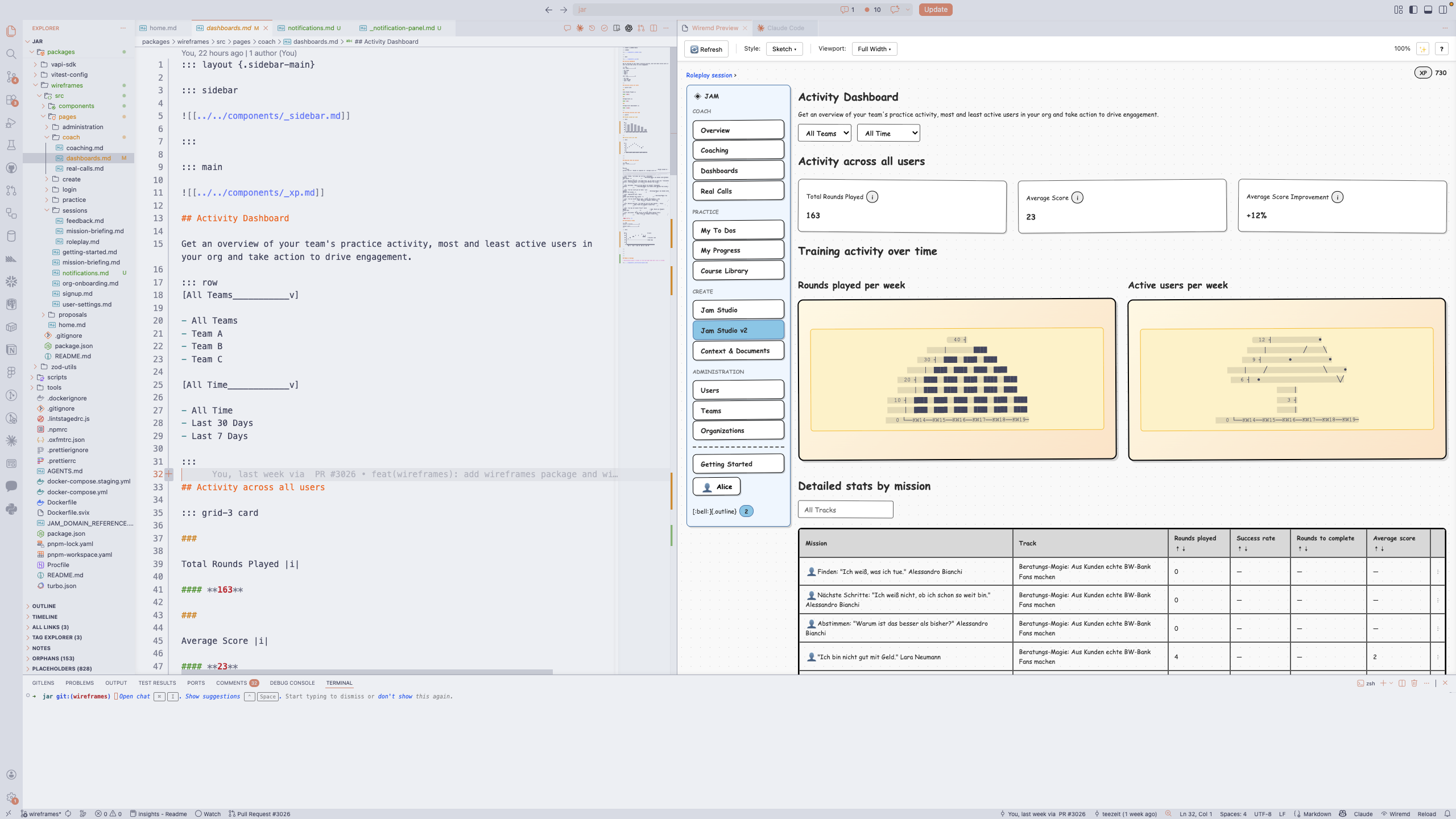 VS Code with wiremd file on the left and live wireframe preview on the right