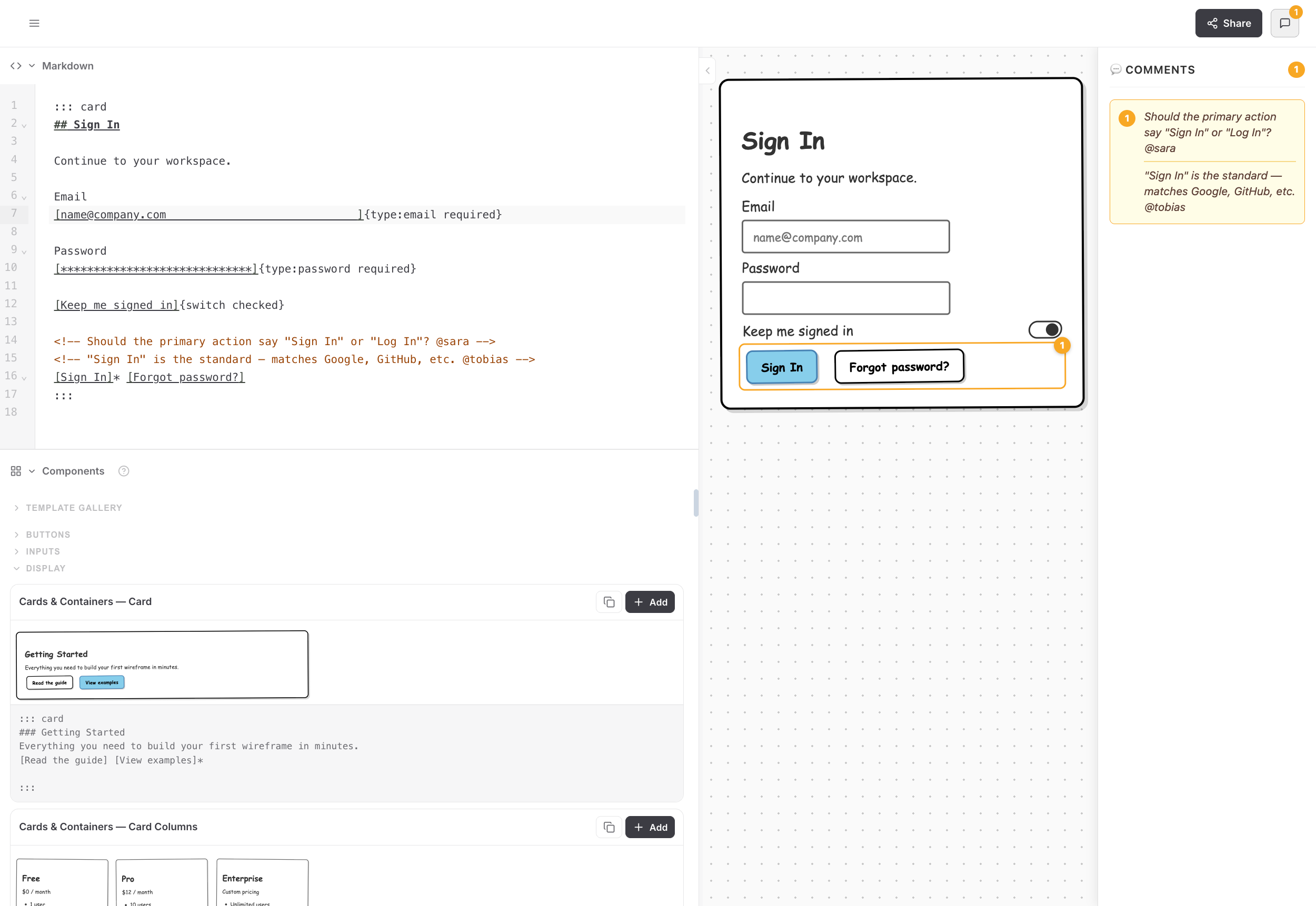 wiremd browser editor with markdown source on the left and rendered wireframe on the right
