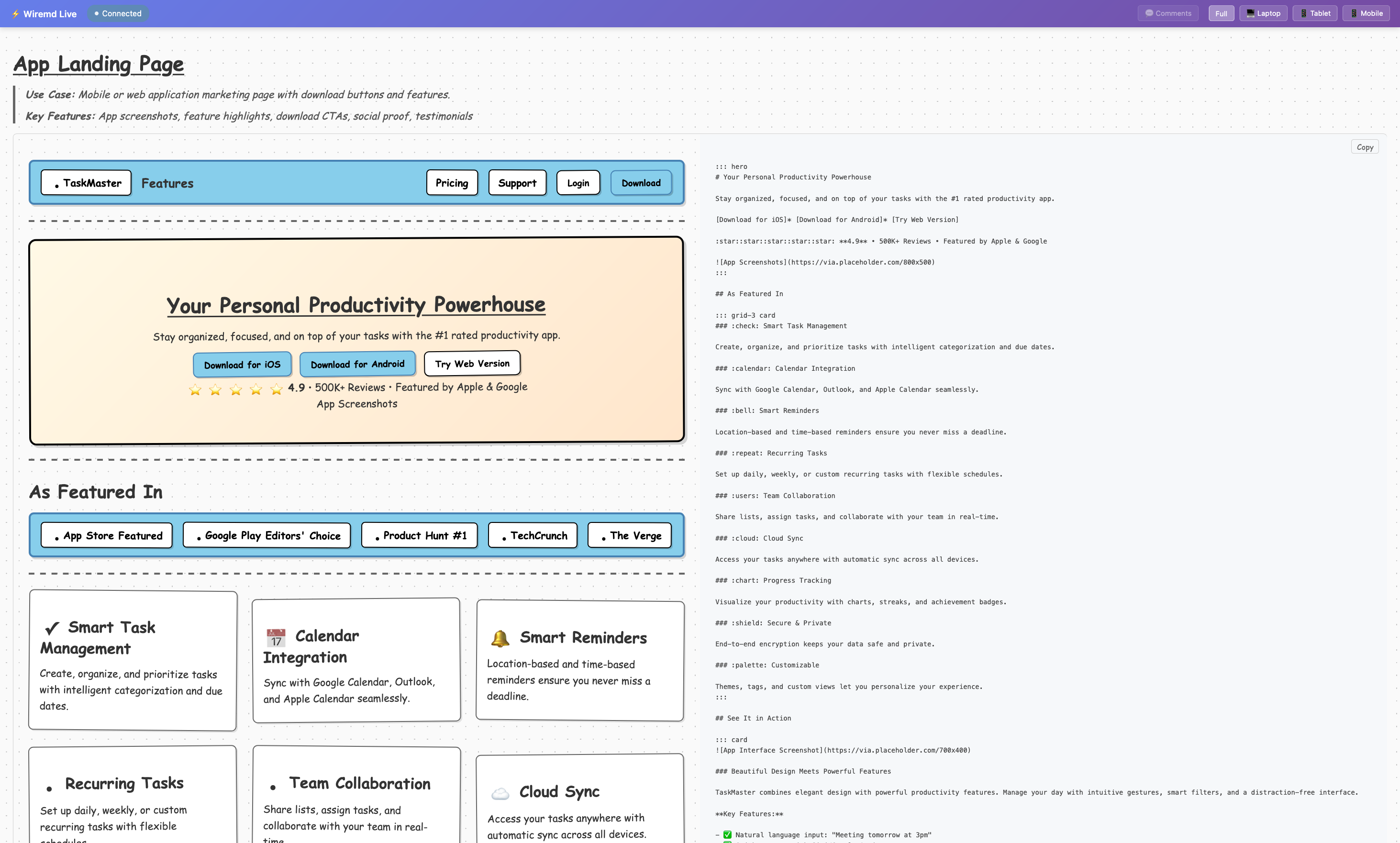 wireframe rendered in the browser via the local dev server